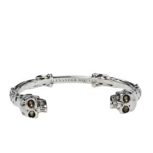 Pre Owned Alexander McQueen Silver Tone Twin Textured Skull Cuff Bracelet