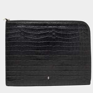 Alexander McQueen Black Croc Embossed Leather Zip Around Pouch