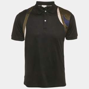 Pre Owned Alexander McQueen Black Cotton Panel Detail Polo T-Shirt M