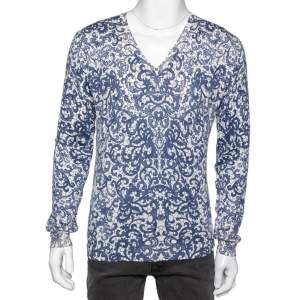 Alexander McQueen Blue Printed Wool & Silk V-Neck Sweater S