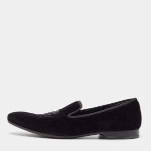 Alexander McQueen Black Velvet Skull Embroidered Smoking Slippers Size 45