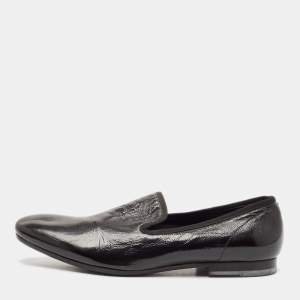 Alexander McQueen Black Patent Leather Skull Embossed Detail Smoking Slippers Size 44