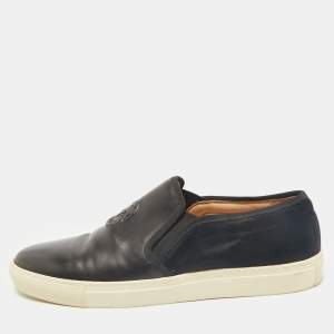 Alexander McQueen Black Leather and Calf Hair Skull Logo Embossed Slip On Sneakers Size 45