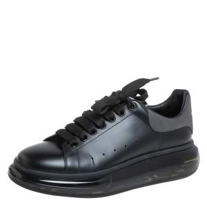 Alexander McQueen Black Leather Clear Sole Low Top Sneakers Size 42