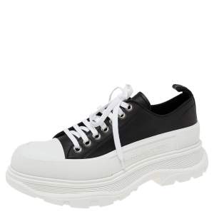 Alexander McQueen Black/White Leather And Rubber Tread Slick Low Top Sneakers Size 42