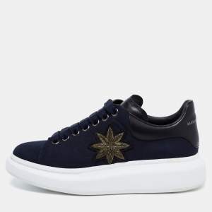 Alexander McQueen Navy Blue/Black Canvas and Leather Embroidered Oversized Sneakers Size 40