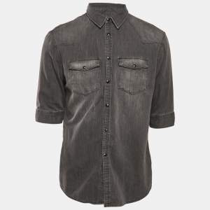 Pre Owned All Saints Dark Grey Distressed Denim Half Sleeve Button Front Shirt XL