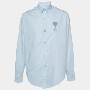 مملوكة مسبقًا Ami Alexander Mattiussi Light Blue Monogram Embroidered Ami De Coeur Shirt M