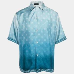 Amiri Ashley Blue Micro MA and Paisley Print Silk Shirt XXL