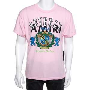 Amiri Pink Distressed Cotton Beverly Hills Printed Boyfriend T-Shirt XS