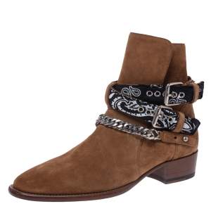 Amiri Camel Suede Chain Link Embellished Bandana Buckle Ankle Boots Size 42