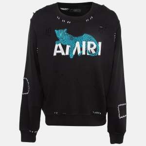 Amiri Black Logo Leopard Embroidered Knit Distressed Sweatshirt M