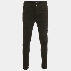 Pre Owned Amiri Black Distressed Denim Logo Applique Detail Jeans L Waist 34"