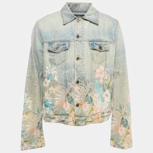 Pre Owned Amiri Blue Floral Print Distressed Denim Jacket XXL