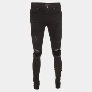 Pre Owned Amiri Black Striped Distressed Stretch Denim Skinny Jeans S/Waist 30" 