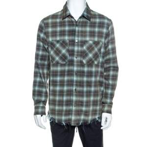 Amiri Green And Brown Faded Plaid Cotton Raw Edged Shirt L