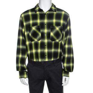 Amiri Black And Neon Yellow Faded Plaid Cotton Shirt M