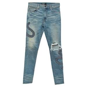 Amiri Blue Light Wash Denim Snake Embroidery Detail Distressed Jeans S