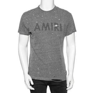 Amiri Grey Distressed Logo Print Jersey T-shirt XS