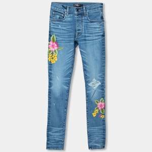 Amiri Indigo Rosebowl Denim Floral Applique Distressed Jeans XS