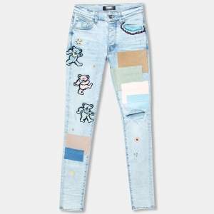 Amiri Blue Distressed Patchwork Denim Dancing Bear Embroidered Jeans XS
