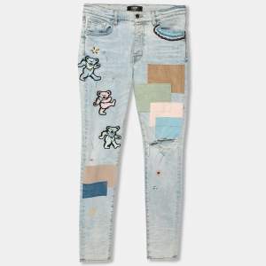Amiri Blue Distressed Patchwork Denim Dancing Bear Embroidered Jeans M