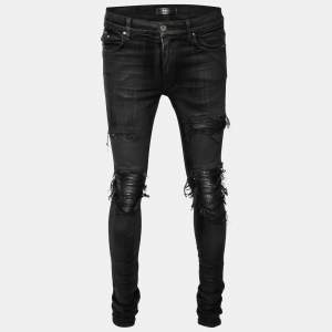 Amiri Black Coated Distressed Denim Leather Patch Detail Jeans M