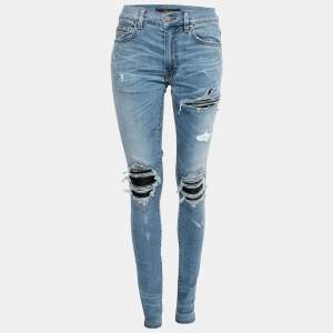 Amiri Blue Distressed Denim Ribbed Leather Inset Slim Fit Jeans XS
