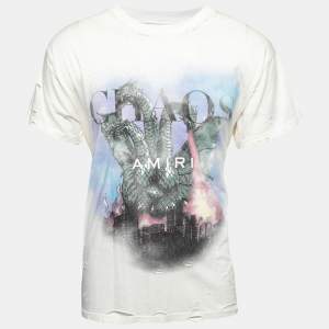Amiri White City Dragon Graphic Printed Cotton Distressed T-Shirt S