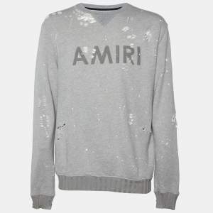 Amiri Grey Logo Printed Shotgun Distressed Cotton & Modal Knit Sweatshirt XXL