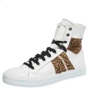 Amiri White/Brown Leather and Leopard Print Calfhair Sunset High Top Sneakers Size 42