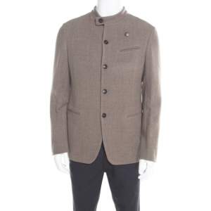 Pre Owned Armani Collezioni Brown and Grey Textured Wool Mandarin Collar Blazer XL