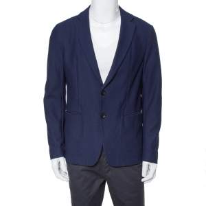 Pre Owned Armani Collezioni Navy Blue Textured Waffle Jacquard Two Button Blazer XL