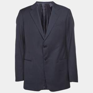 Armani Collezioni Navy Blue Stripe Patterned Wool Tailored Blazer XL