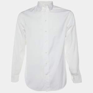 Armani Collezioni White Diagonal Striped Cotton Button Down Shirt M