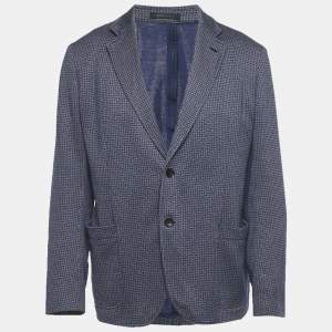Pre Owned Armani Collezioni Blue Patterned Cotton Blazer XXXL