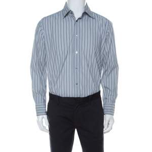 Armani Collezioni Grey Striped Cotton Blend Shirt M