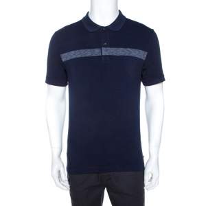 Pre Owned Armani Collezioni Navy Blue Knit Stripe Detail Polo T-Shirt XL