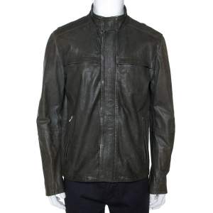 Pre Owned Armani Collezioni Dark Green Nappa Leather Jacket XL