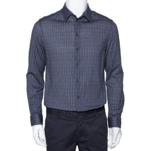 Pre Owned Armani Collezioni Navy Blue Printed Cotton Knit Long Sleeve Shirt L