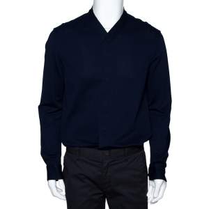 Pre Owned Armani Collezioni Navy Blue Cotton Long Sleeve Collarless Shirt L