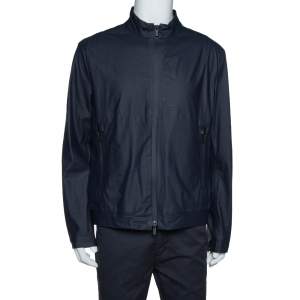 Pre Owned Armani Collezioni Navy Blue Water Repellent Zip Front Jacket XXL