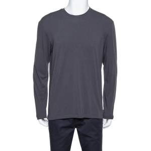 Pre Owned Armani Collezioni Dark Grey Chevron Pattern Knit Long Sleeve Crew Neck T-Shirt XL