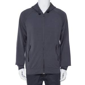 Pre Owned Armani Collezioni Dark Grey Chevron Pattern Knit Hoodie XL