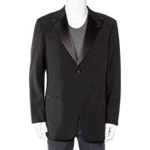 Pre Owned Armani Collezioni Navy Blue Wool Satin Trim Button Front Blazer XXL