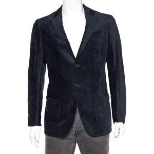 Pre Owned Armani Collezioni Navy Blue Patterned Velour Button Front Blazer M