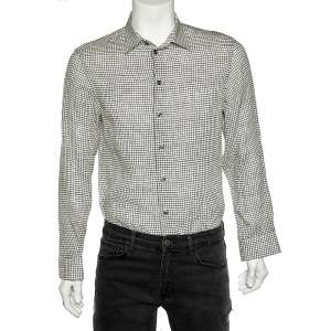 Pre Owned Armani Collezioni White Square Printed Linen Button Front Shirt M