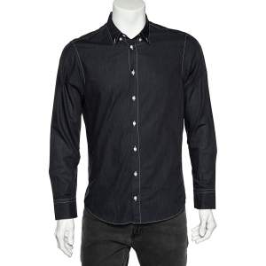 Pre Owned Armani Collezioni Charcoal Grey Washed Cotton Button Front Shirt M 