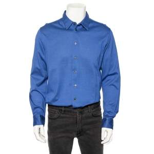 Armani Collezioni Navy Blue Textured Cotton Button Front Shirt XL 