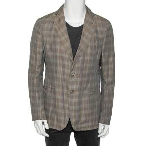 Pre Owned Armani Collezioni Beige Checkered Cotton Single Breasted Blazer L